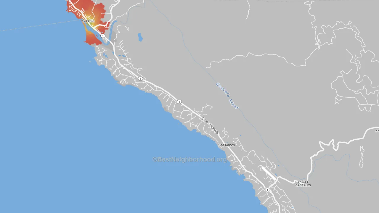 Walk Grade map of The Sea Ranch, CA, walkable areas in green and car-dependent areas in red