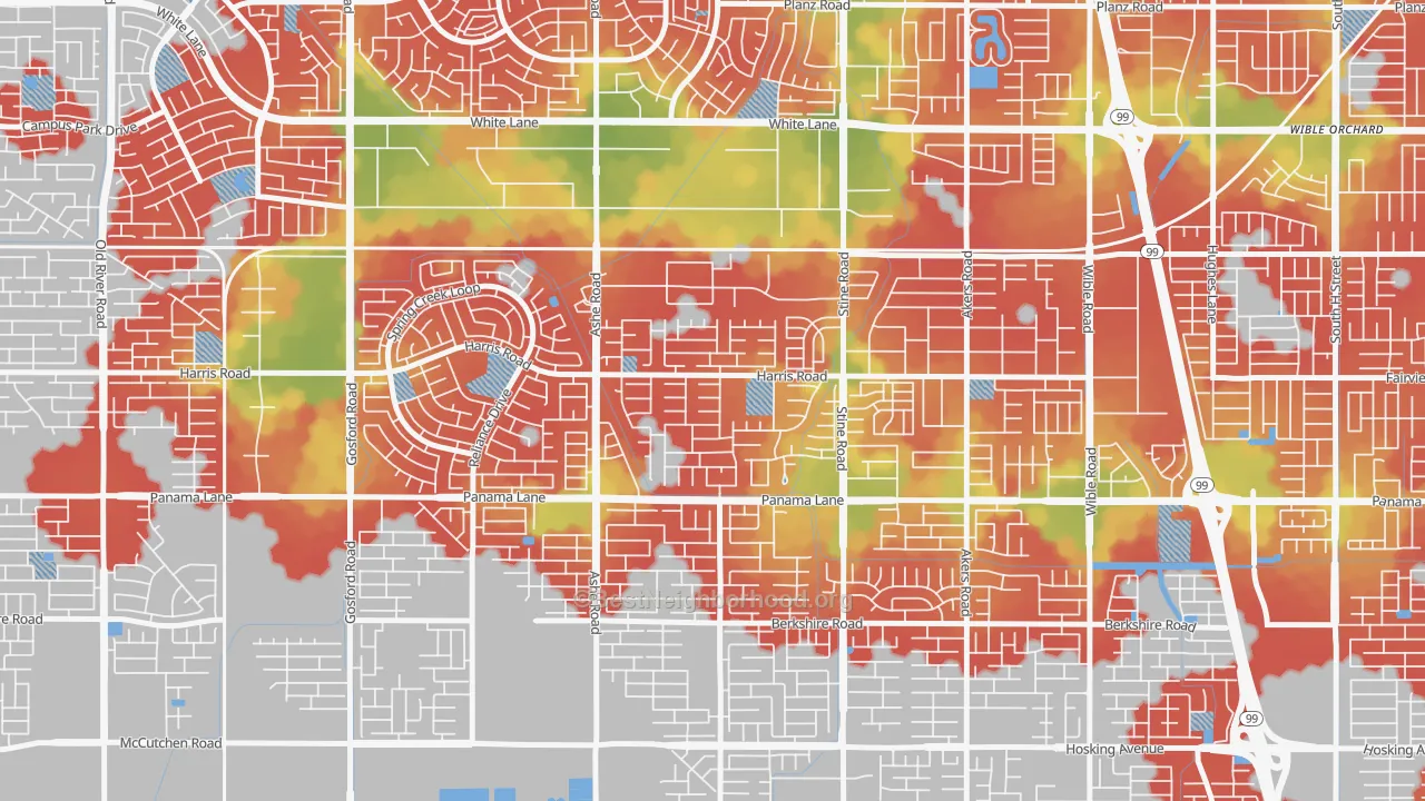 Walk Grade map of The Seasons, Bakersfield, CA, walkable areas in green and car-dependent areas in red
