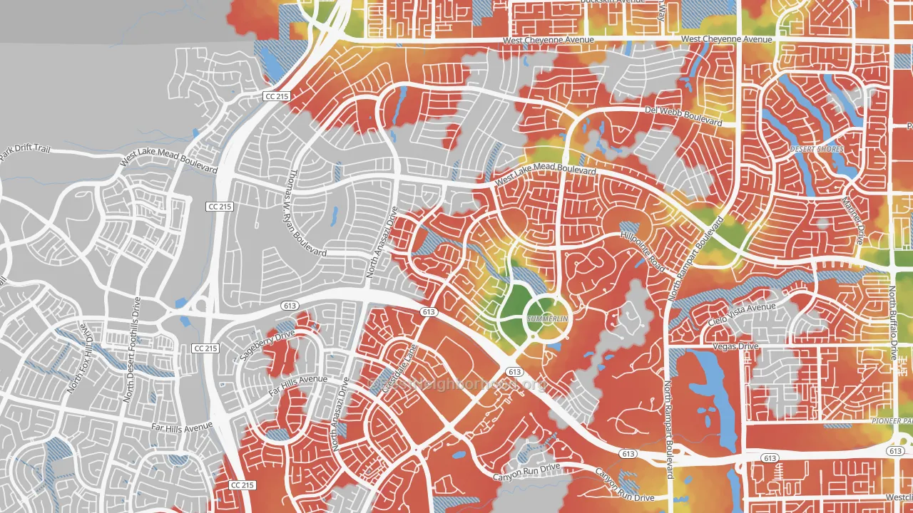 Walk Grade map of The Trails, Las Vegas, NV, walkable areas in green and car-dependent areas in red