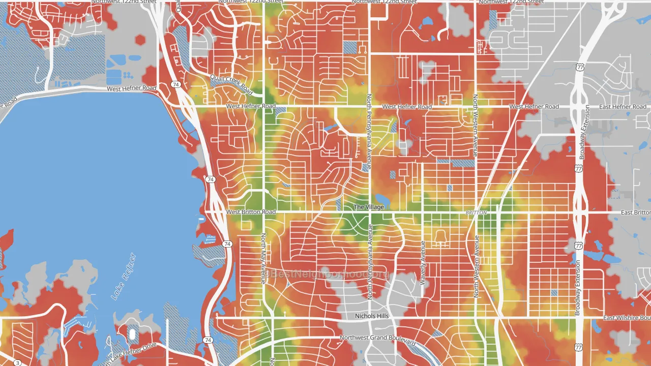 Walk Grade map of The Village, OK, walkable areas in green and car-dependent areas in red