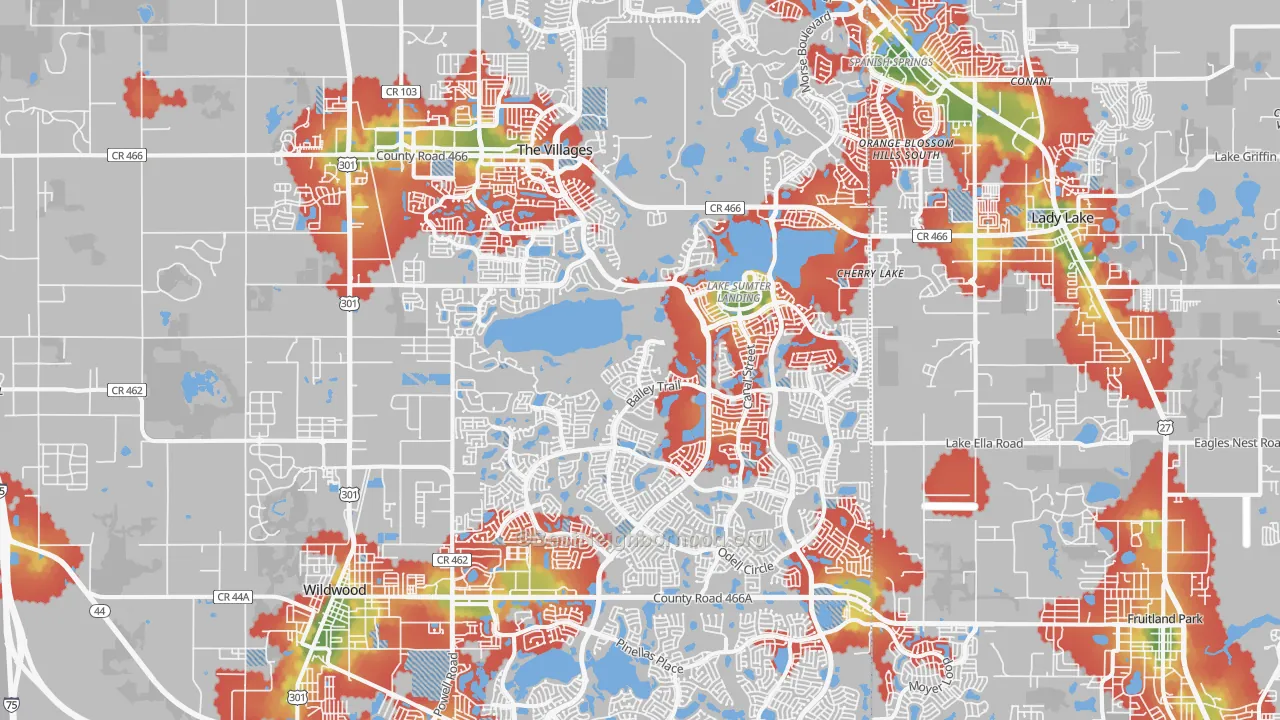 Walk Grade map of The Villages, FL, walkable areas in green and car-dependent areas in red