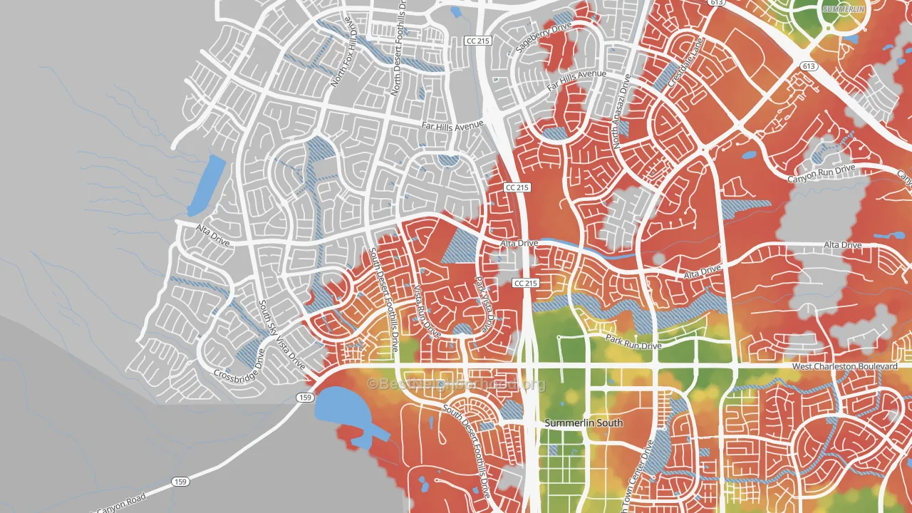 Walk Grade map of The Vistas, Las Vegas, NV, walkable areas in green and car-dependent areas in red