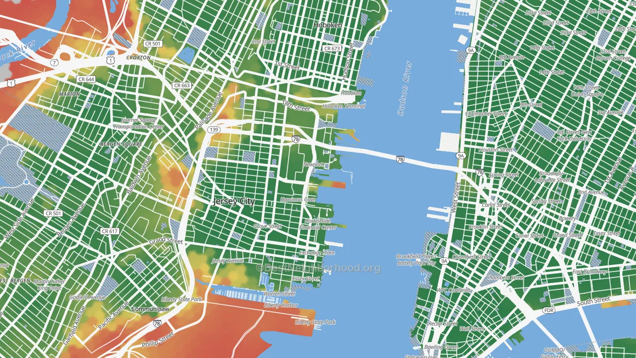 Walk Grade map of The Waterfront, Jersey City, NJ, walkable areas in green and car-dependent areas in red