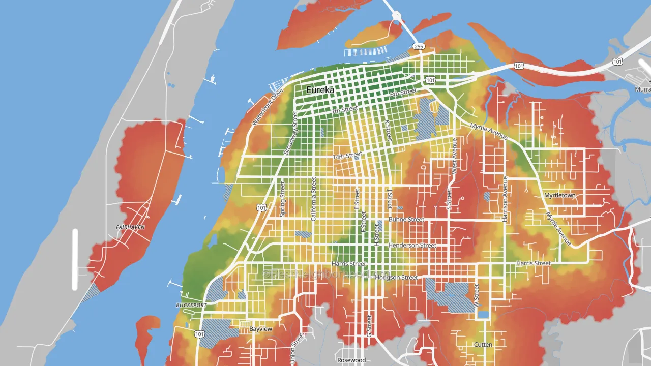 Walk Grade map of The West Side, Eureka, CA, walkable areas in green and car-dependent areas in red
