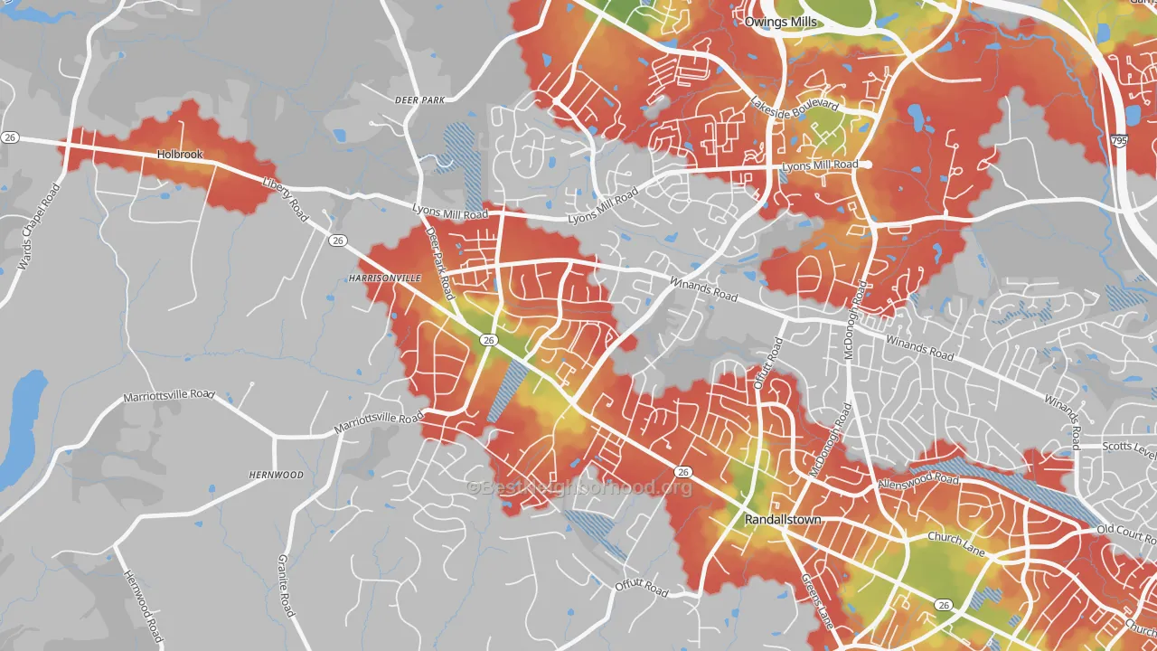 Walk Grade map of The Woodlands, Randallstown, MD, walkable areas in green and car-dependent areas in red