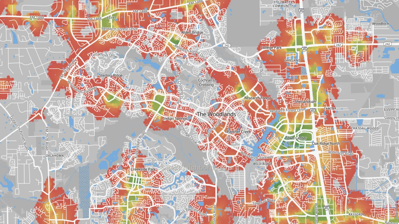 Walk Grade map of The Woodlands, TX, walkable areas in green and car-dependent areas in red