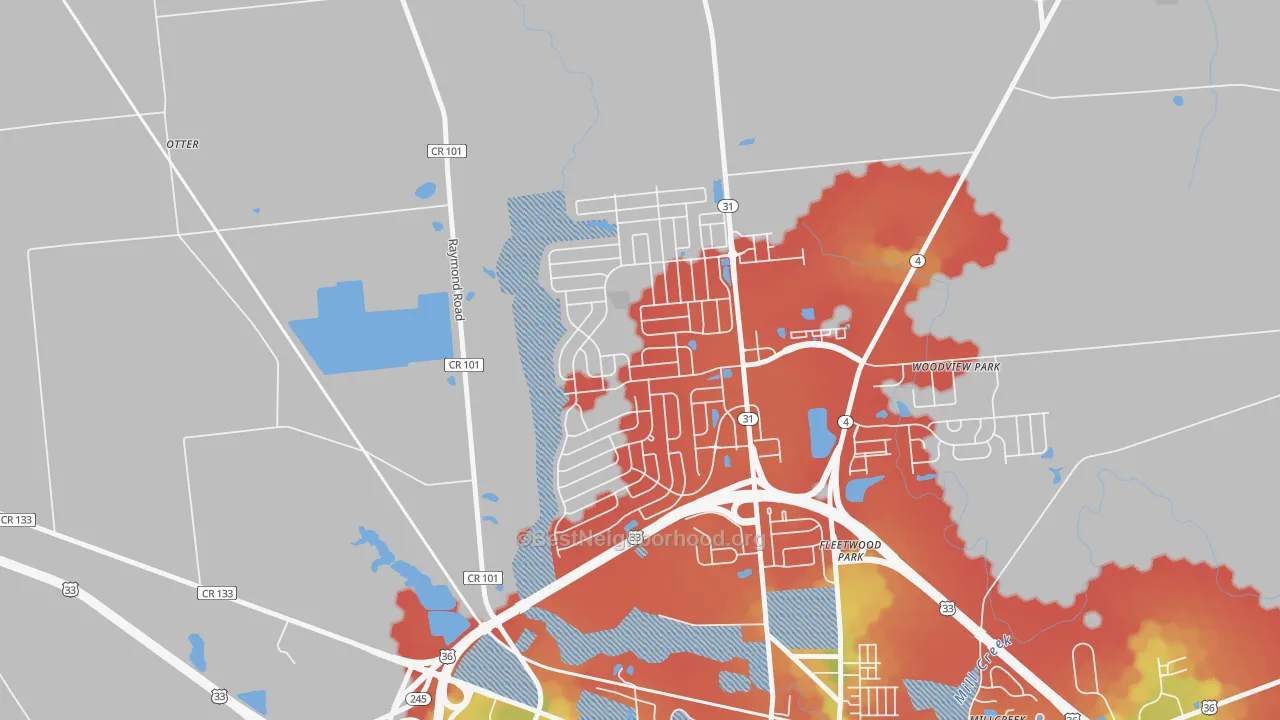 Walk Grade map of The Woods at Mill Valley, Marysville, OH, walkable areas in green and car-dependent areas in red