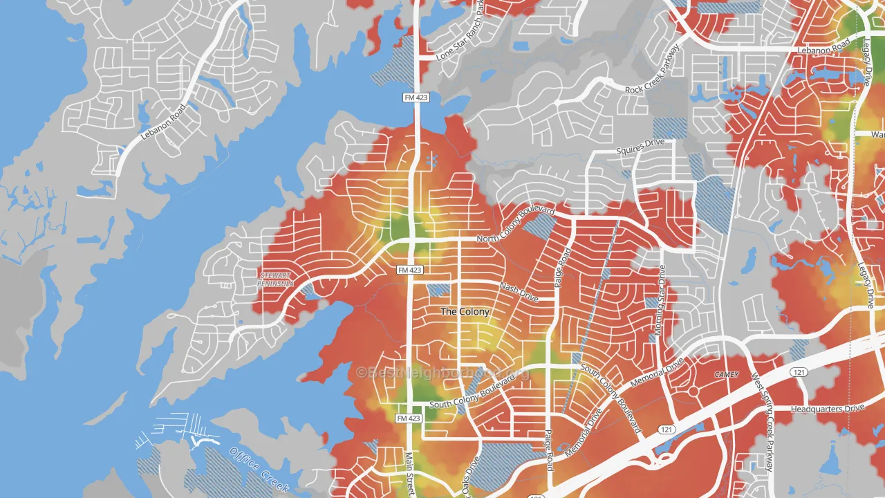 Walk Grade map of The Ws, The Colony, TX, walkable areas in green and car-dependent areas in red
