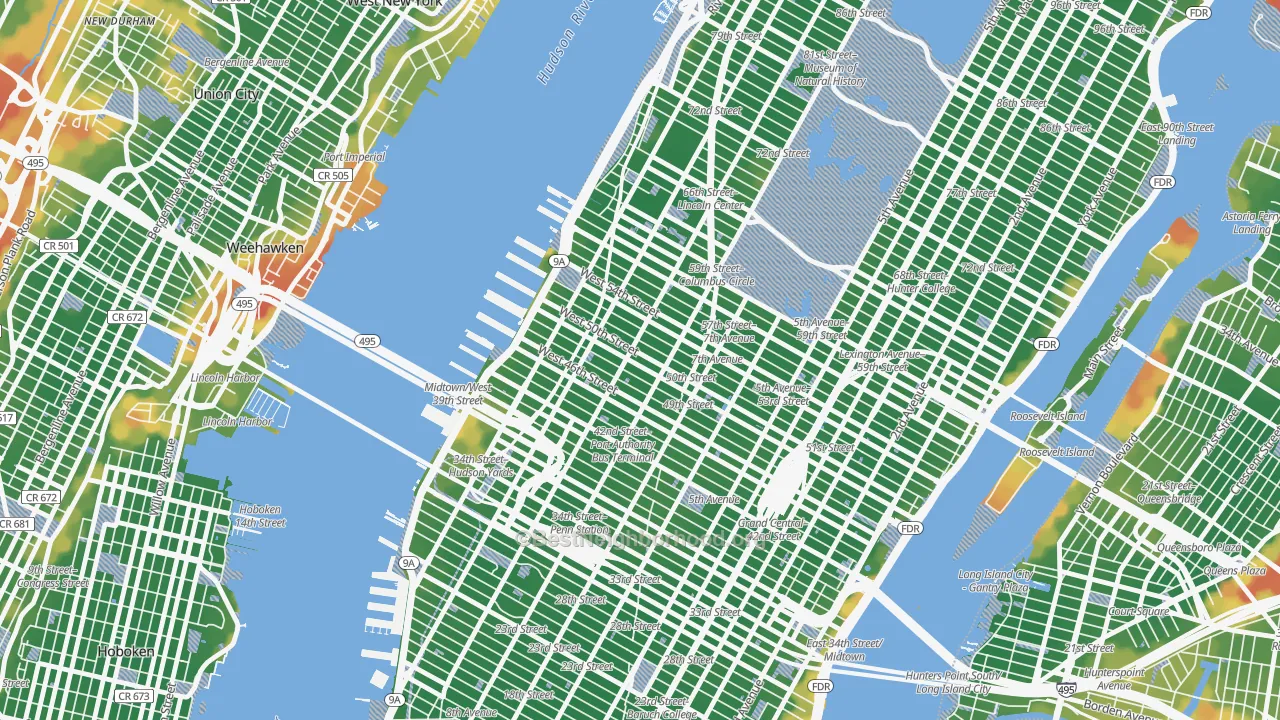 Walk Grade map of Theater District, Manhattan, NY, walkable areas in green and car-dependent areas in red