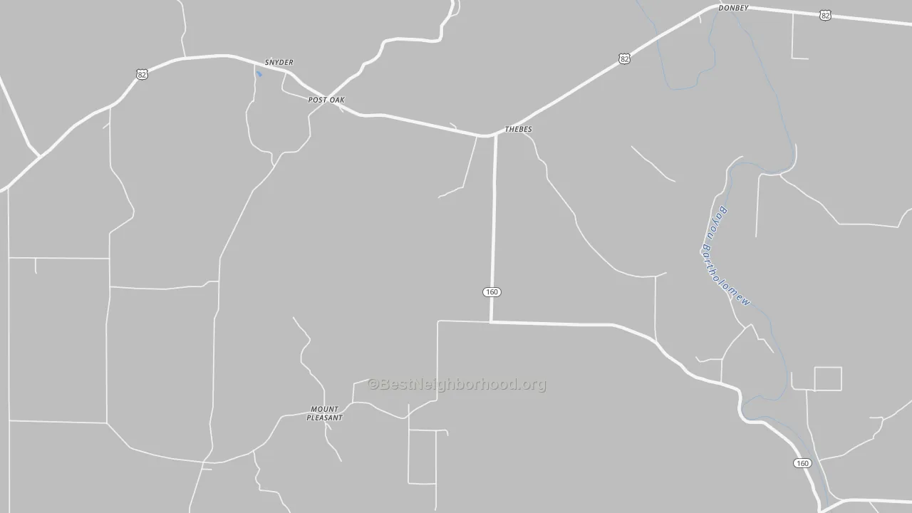 Walk Grade map of Thebes, AR, walkable areas in green and car-dependent areas in red