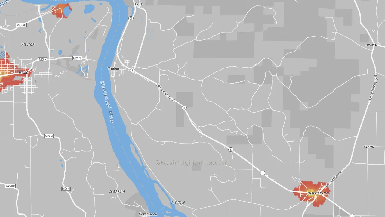 Walk Grade map of Thebes, IL, walkable areas in green and car-dependent areas in red