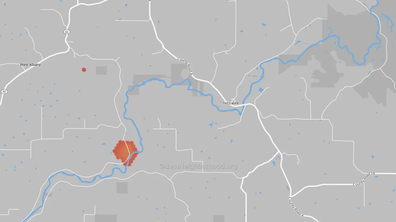 Walk Grade map of Theilman, MN, walkable areas in green and car-dependent areas in red