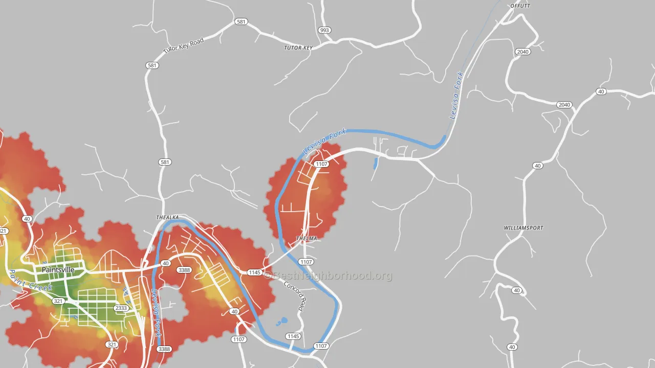 Walk Grade map of Thelma, KY, walkable areas in green and car-dependent areas in red