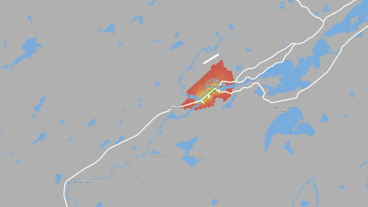 Walk Grade map of Thendara, NY, walkable areas in green and car-dependent areas in red