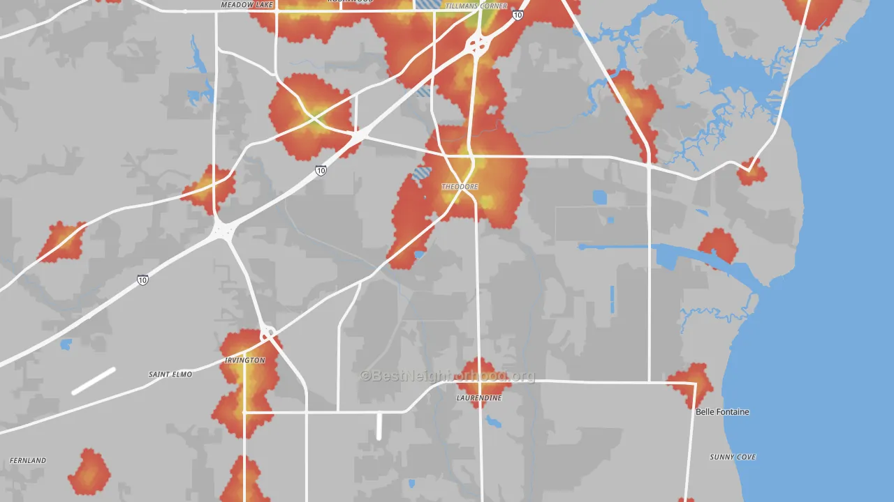 Walk Grade map of Theodore, AL, walkable areas in green and car-dependent areas in red