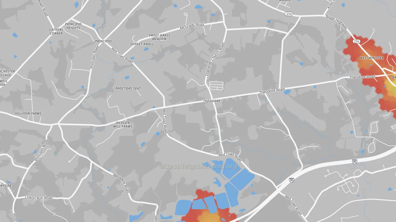 Walk Grade map of Theodore, MD, walkable areas in green and car-dependent areas in red