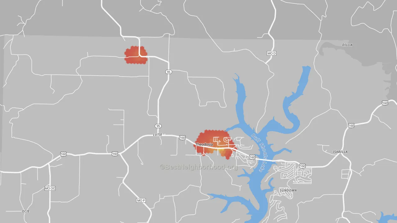 Walk Grade map of Theodosia, MO, walkable areas in green and car-dependent areas in red