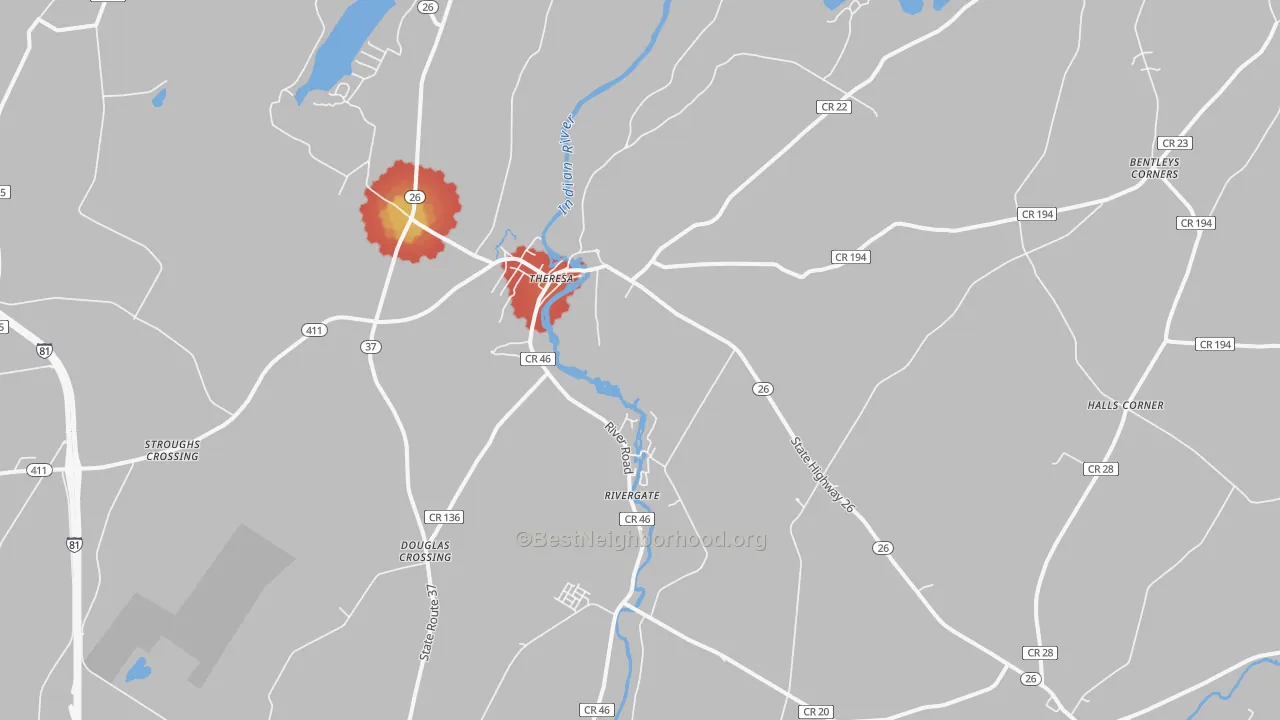 Walk Grade map of Theresa, NY, walkable areas in green and car-dependent areas in red
