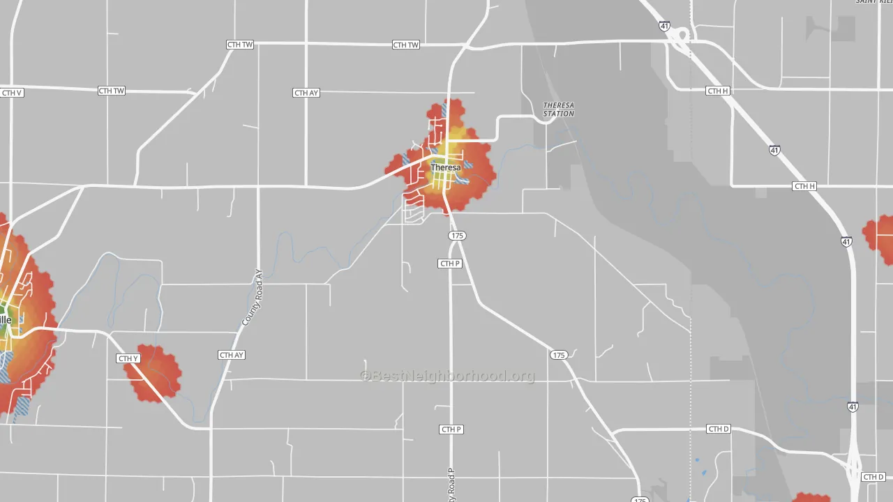 Walk Grade map of Theresa, WI, walkable areas in green and car-dependent areas in red