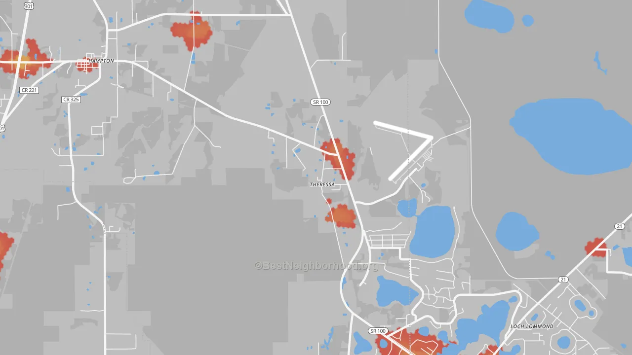 Walk Grade map of Theressa, FL, walkable areas in green and car-dependent areas in red