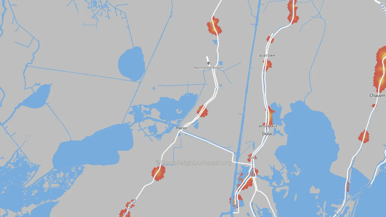 Walk Grade map of Theriot, LA, walkable areas in green and car-dependent areas in red