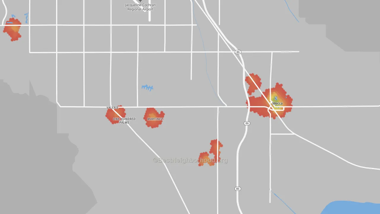 Walk Grade map of Thermal, CA, walkable areas in green and car-dependent areas in red