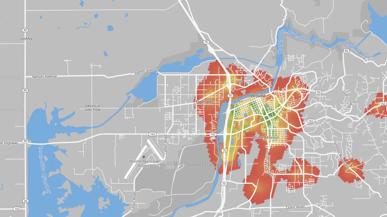 Walk Grade map of Thermalito, CA, walkable areas in green and car-dependent areas in red