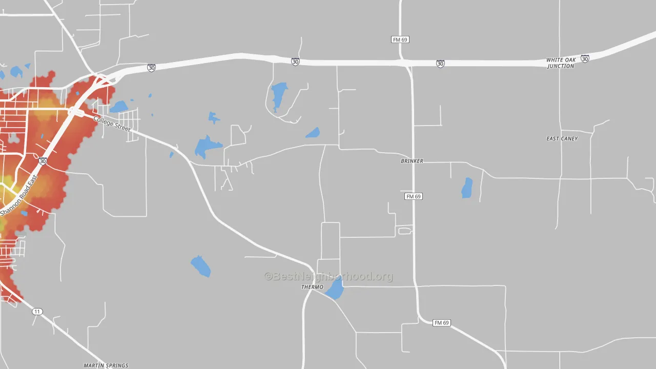 Walk Grade map of Thermo, TX, walkable areas in green and car-dependent areas in red