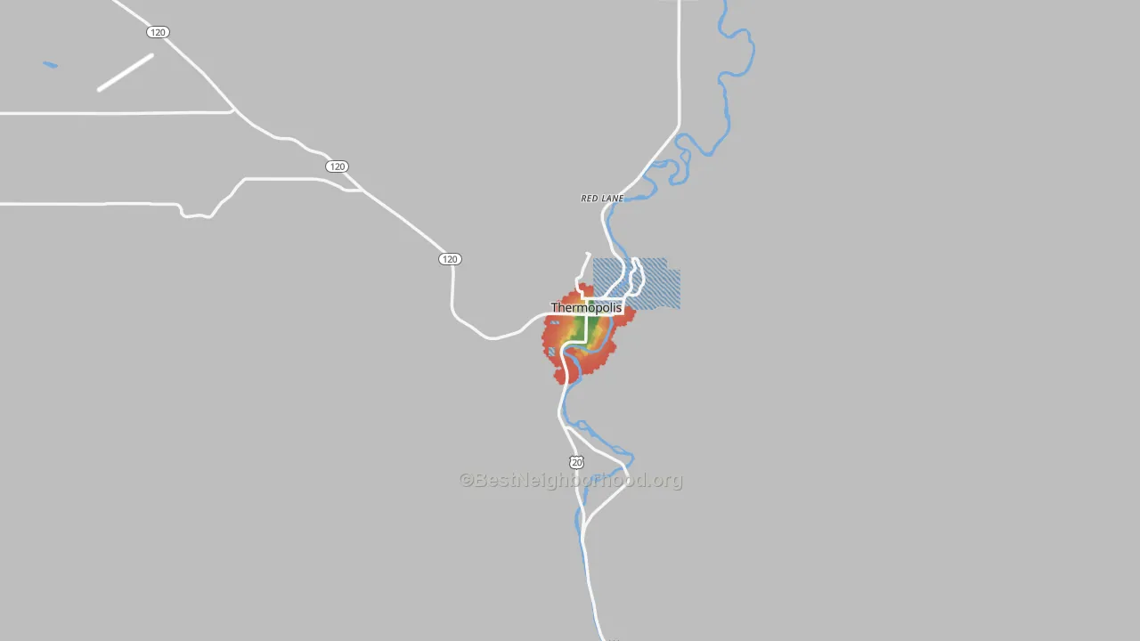 Walk Grade map of Thermopolis, WY, walkable areas in green and car-dependent areas in red