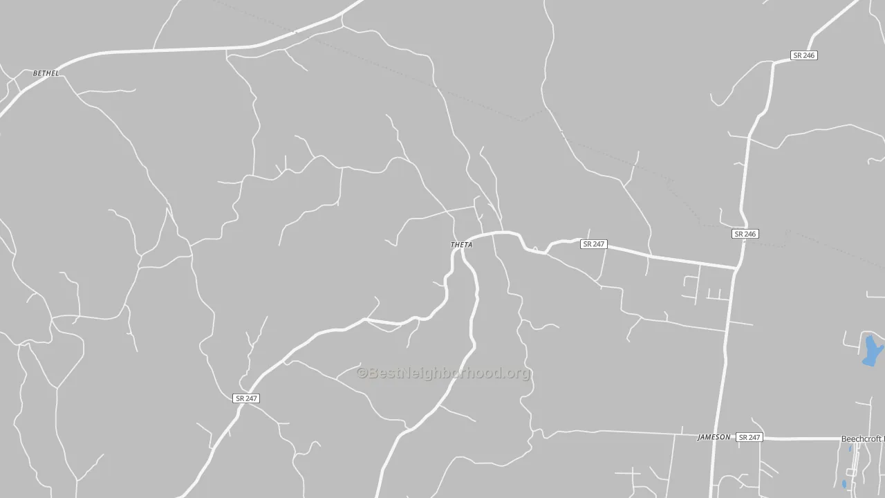 Walk Grade map of Theta, TN, walkable areas in green and car-dependent areas in red