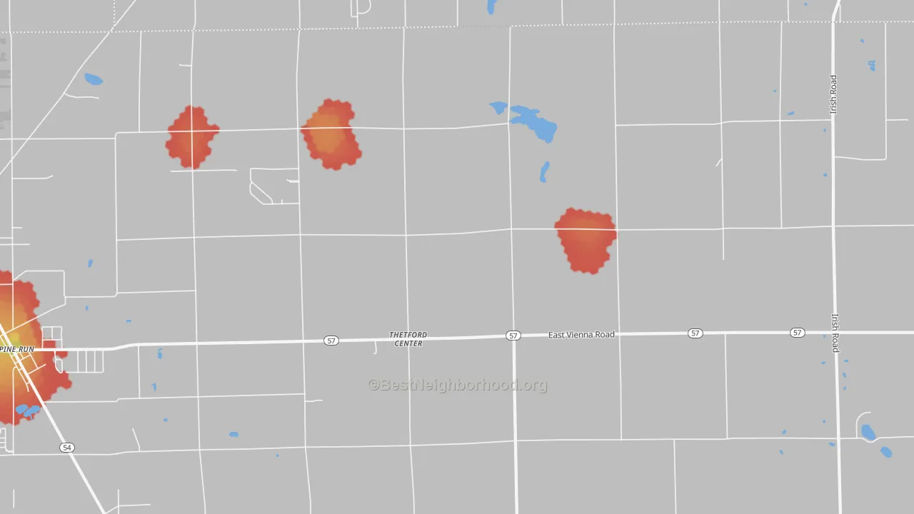 Walk Grade map of Thetford Center, MI, walkable areas in green and car-dependent areas in red