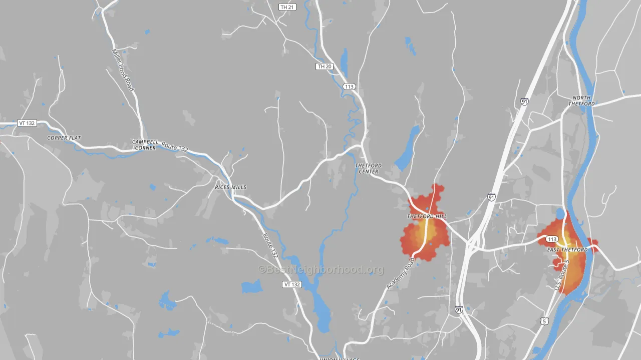 Walk Grade map of Thetford Center, VT, walkable areas in green and car-dependent areas in red