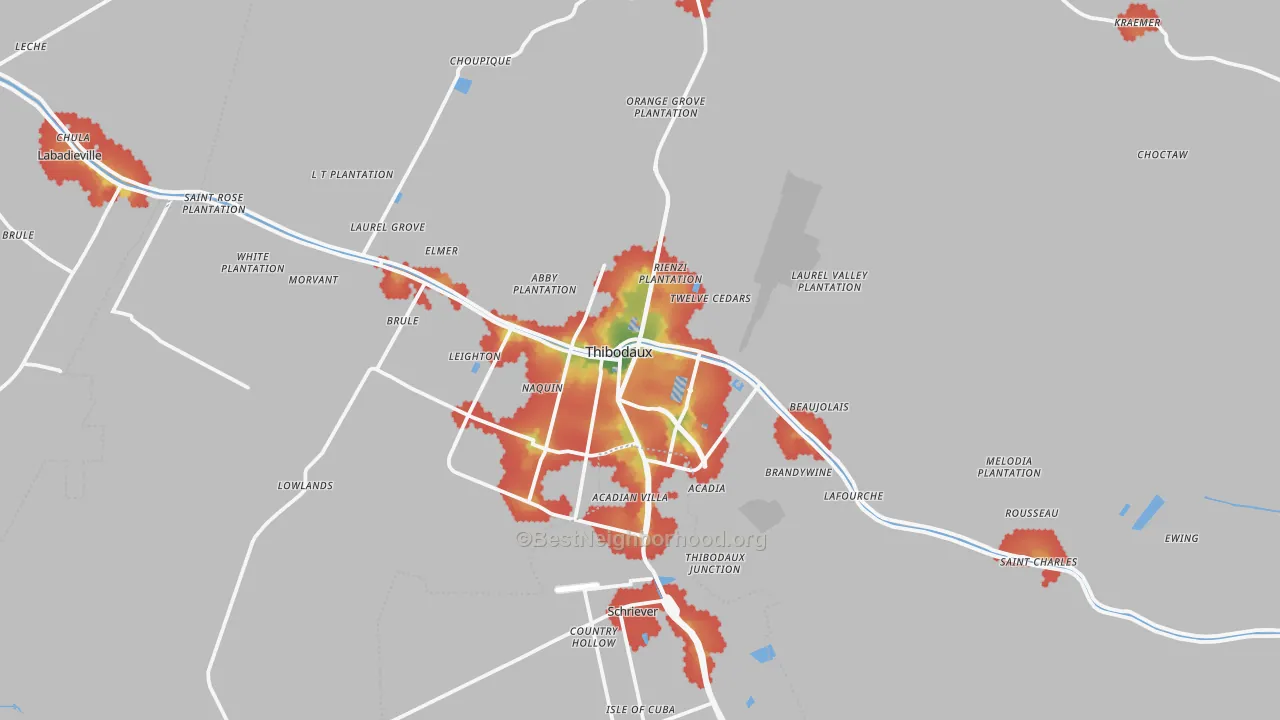 Walk Grade map of Thibodaux, LA, walkable areas in green and car-dependent areas in red