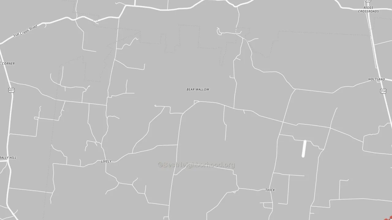 Walk Grade map of Thick, TN, walkable areas in green and car-dependent areas in red