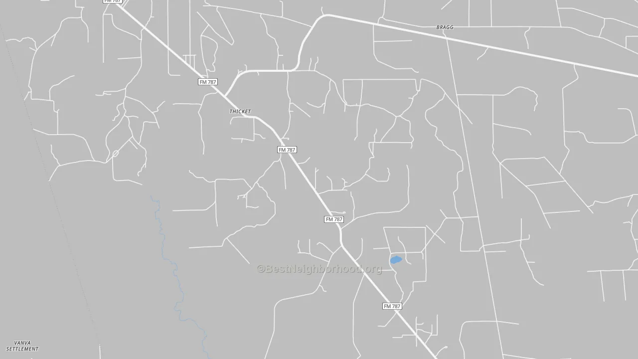 Walk Grade map of Thicket, TX, walkable areas in green and car-dependent areas in red