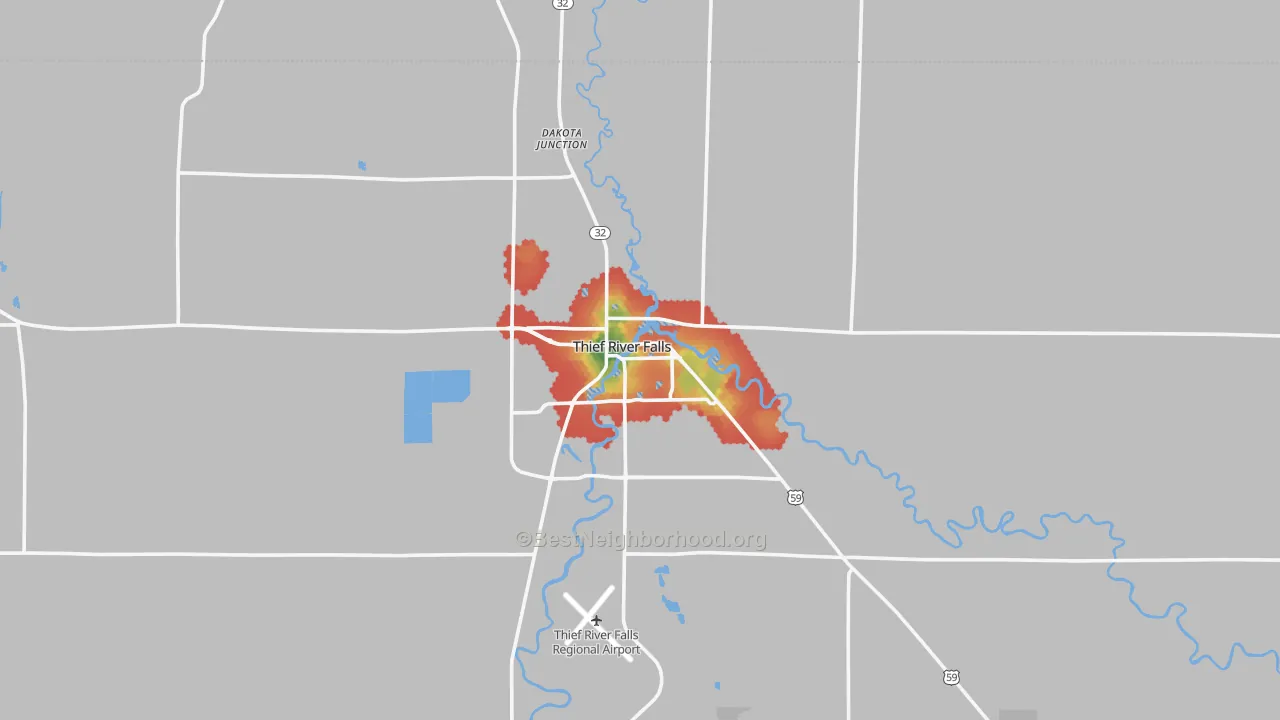 Walk Grade map of Thief River Falls, MN, walkable areas in green and car-dependent areas in red