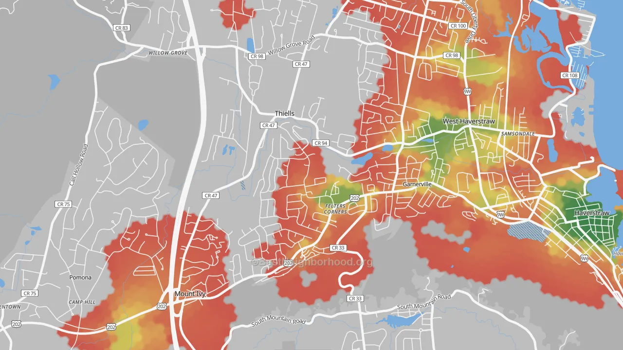 Walk Grade map of Thiells, NY, walkable areas in green and car-dependent areas in red