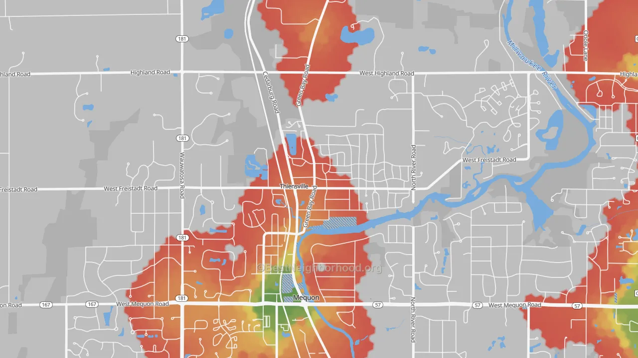 Walk Grade map of Thiensville, WI, walkable areas in green and car-dependent areas in red