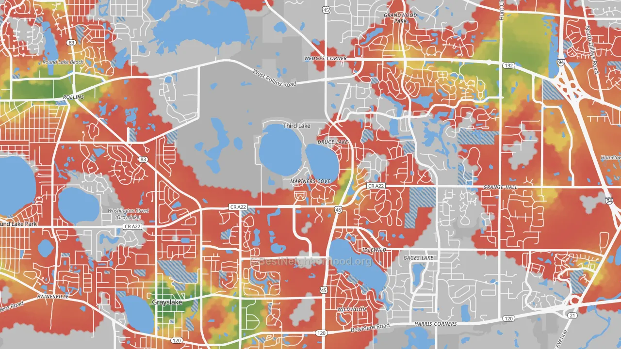 Walk Grade map of Third Lake, IL, walkable areas in green and car-dependent areas in red