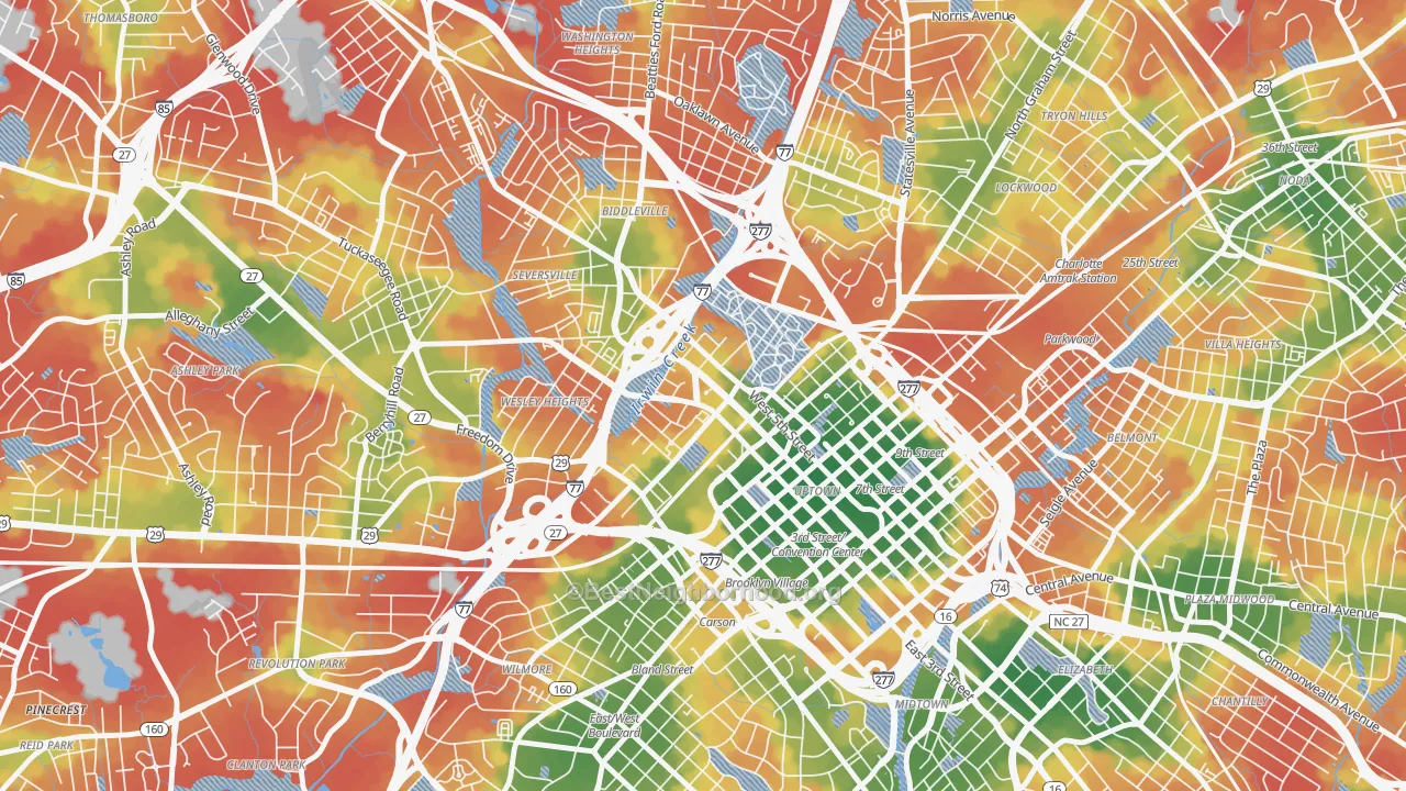 Walk Grade map of Third Ward, Charlotte, NC, walkable areas in green and car-dependent areas in red