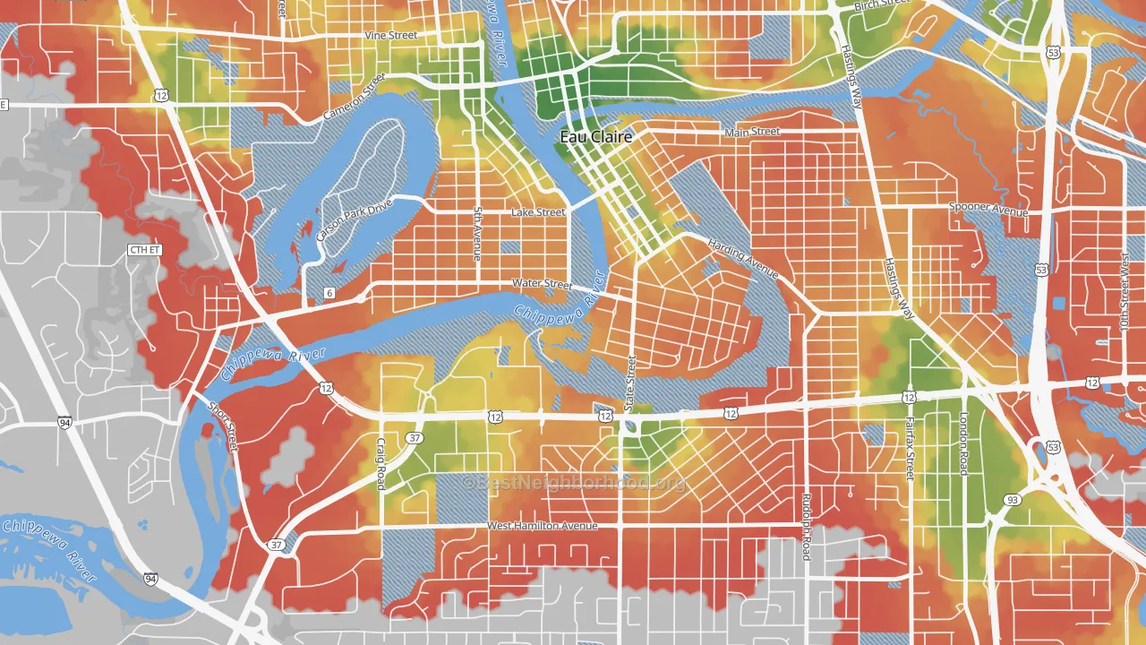 Walk Grade map of Third Ward, Eau Claire, WI, walkable areas in green and car-dependent areas in red