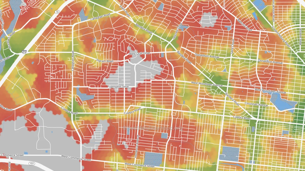 Walk Grade map of Third World, San Antonio, TX, walkable areas in green and car-dependent areas in red