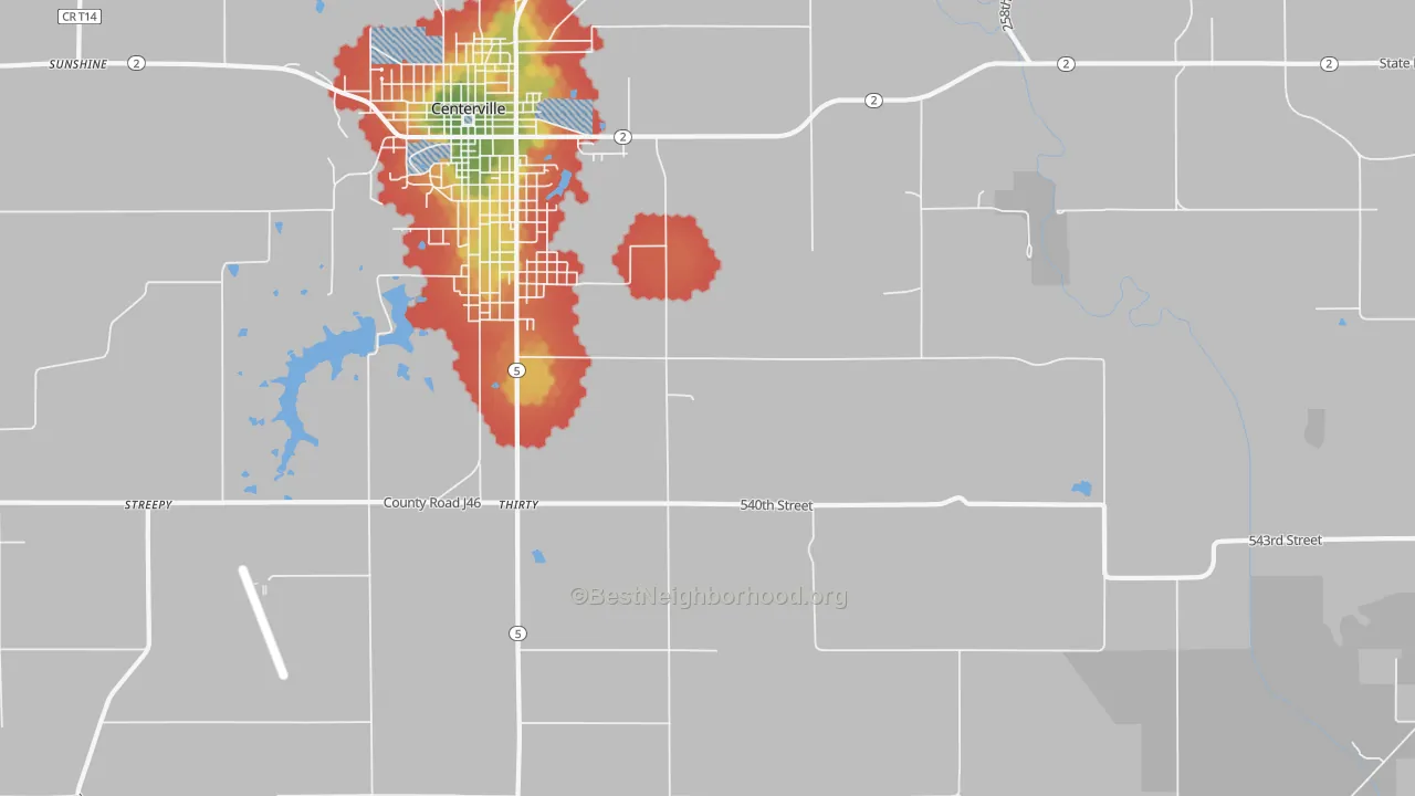 Walk Grade map of Thirty, IA, walkable areas in green and car-dependent areas in red