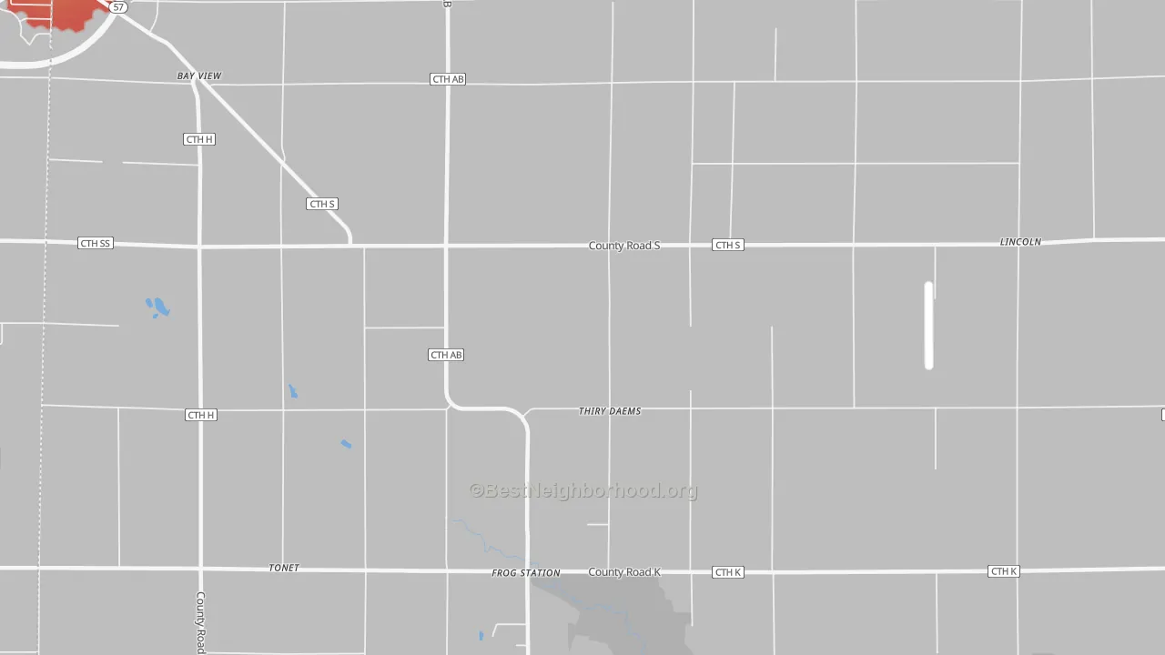 Walk Grade map of Thiry Daems, WI, walkable areas in green and car-dependent areas in red