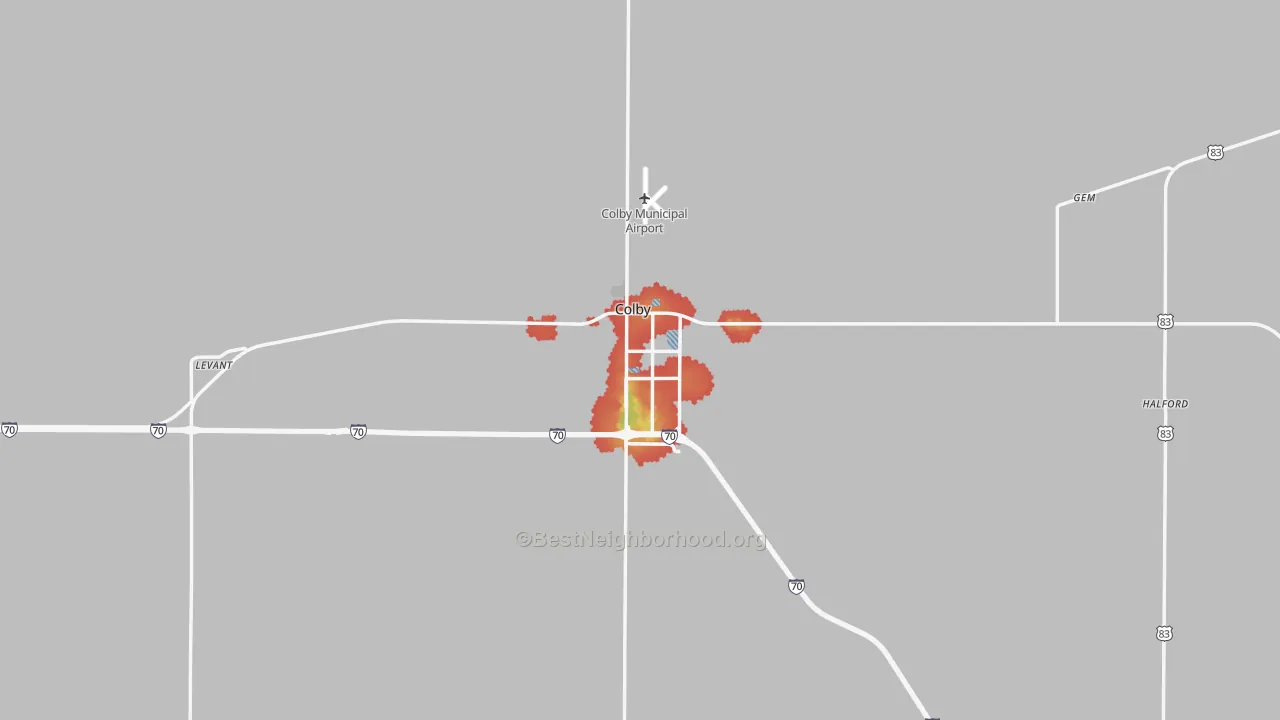 Walk Grade map of Thomas County, KS, walkable areas in green and car-dependent areas in red