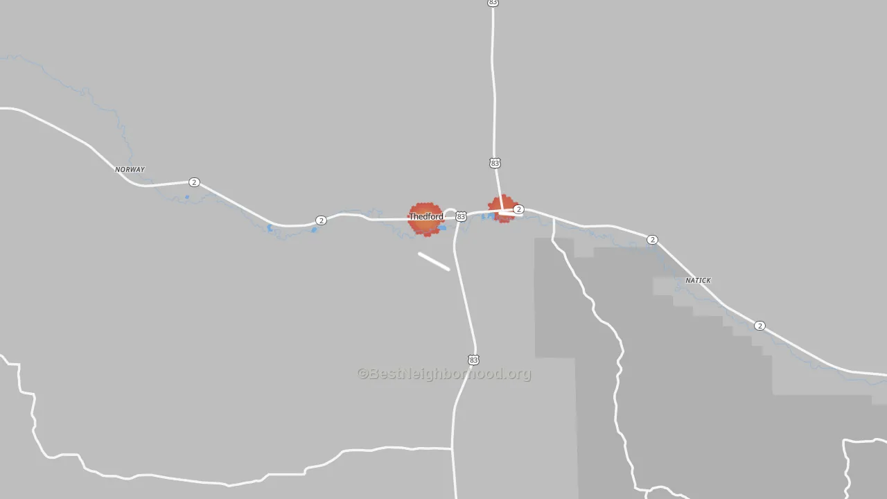 Walk Grade map of Thomas County, NE, walkable areas in green and car-dependent areas in red