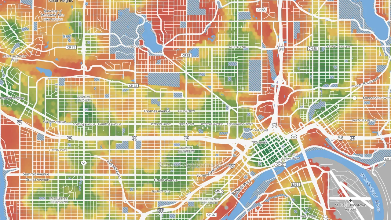 Walk Grade map of Thomas-Dale, St. Paul, MN, walkable areas in green and car-dependent areas in red