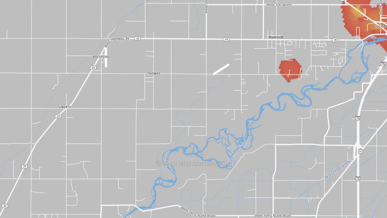 Walk Grade map of Thomas, ID, walkable areas in green and car-dependent areas in red