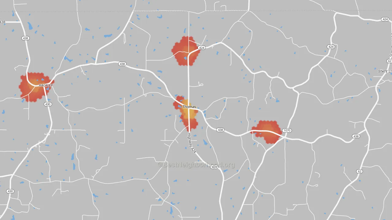 Walk Grade map of Thomas, LA, walkable areas in green and car-dependent areas in red