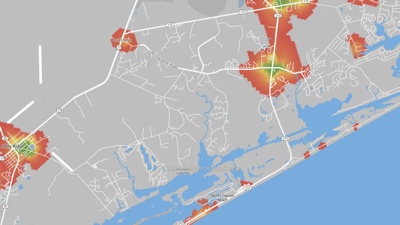 Walk Grade map of Thomas Landing, NC, walkable areas in green and car-dependent areas in red